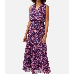 NWT MSK Womens Sleeveless‎ V-Neck Smocked Tiered Maxi Dress Blue Floral Medium